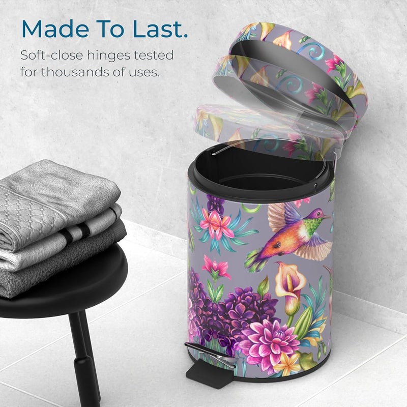 Sanilo Small Bathroom Trash Can with Lid [1.3 Gallon] - Lidded Tiny Trashcan for Garbage - Mini Metal Bin with Soft Closing Mechanism - Bath Room Accessoire Wastebin with Inner Bucket (Hummingbird) - Image 5
